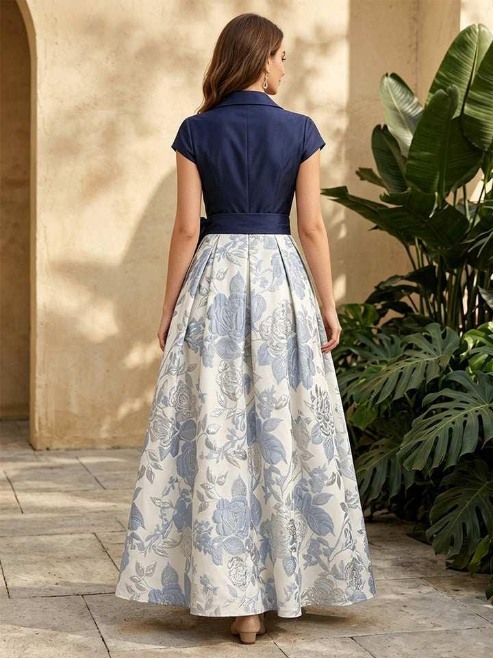 Jacquard A Line V Neck Ruched Bow Evening Dresses for Women
