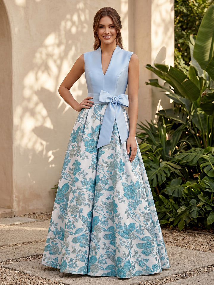Jacquard A Line V Neck Corset High Waist Evening Dresses with Bow