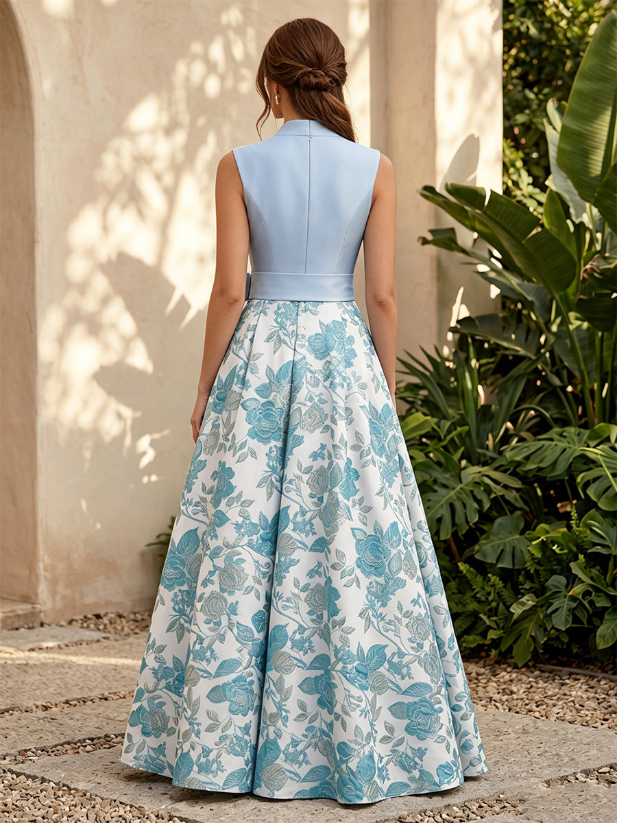 Jacquard A Line V Neck Corset High Waist Evening Dresses with Bow