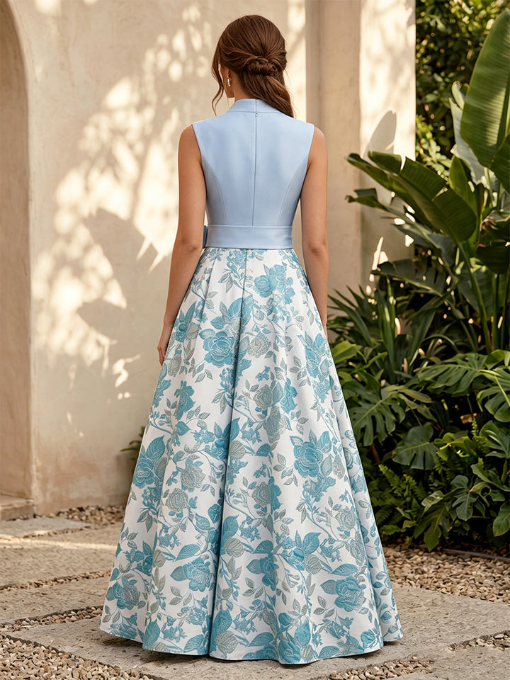 Jacquard A Line V Neck Corset High Waist Evening Dresses with Bow