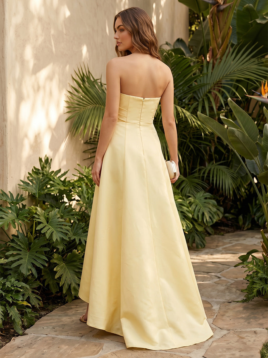 Satin A Line Strapless Hi Lo Ruched Formal Dresses