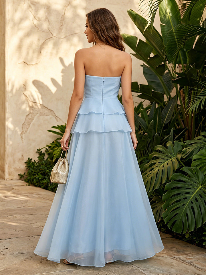 Organza A Line Strapless Ruffles Ruched Formal Dresses for Women