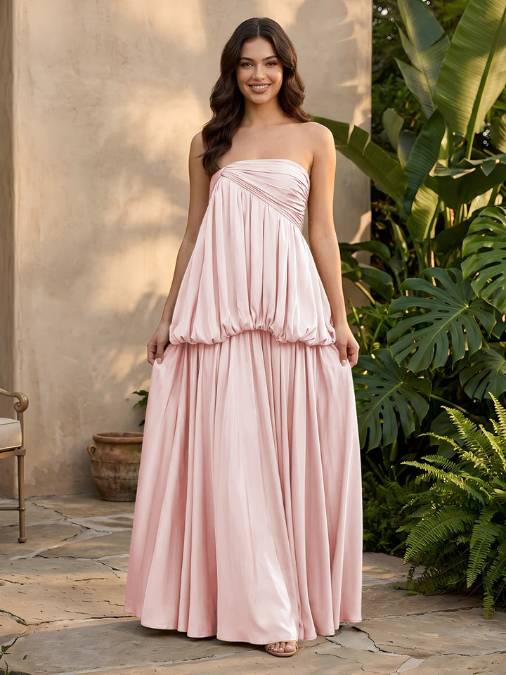 Stretch Mesh A Line Strapless Layered Pleats Formal Dresses