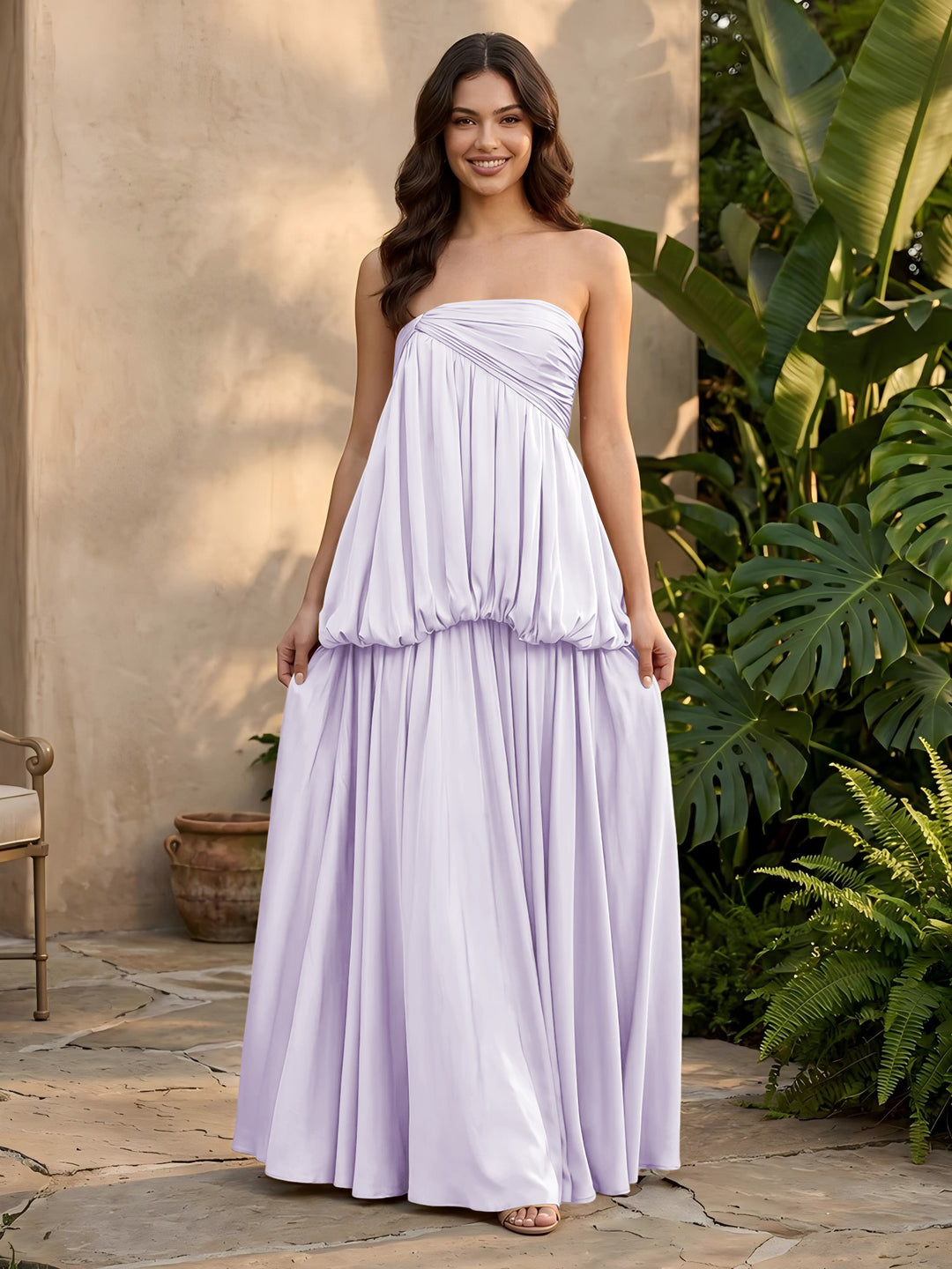 Stretch Mesh A Line Strapless Layered Pleats Formal Dresses