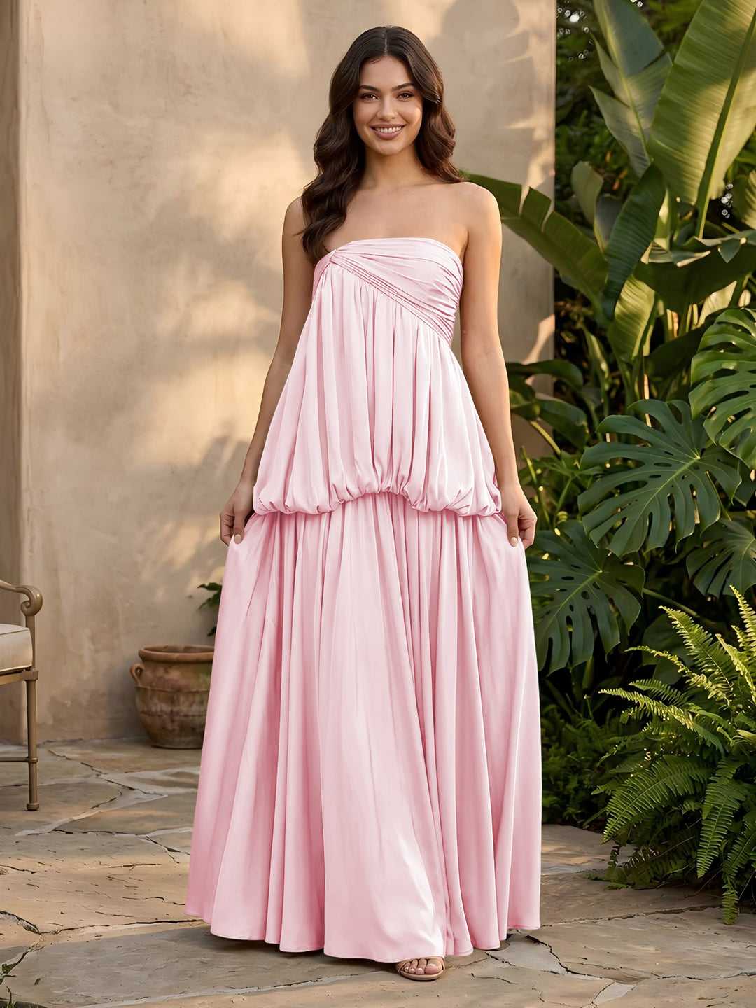 Stretch Mesh A Line Strapless Layered Pleats Formal Dresses