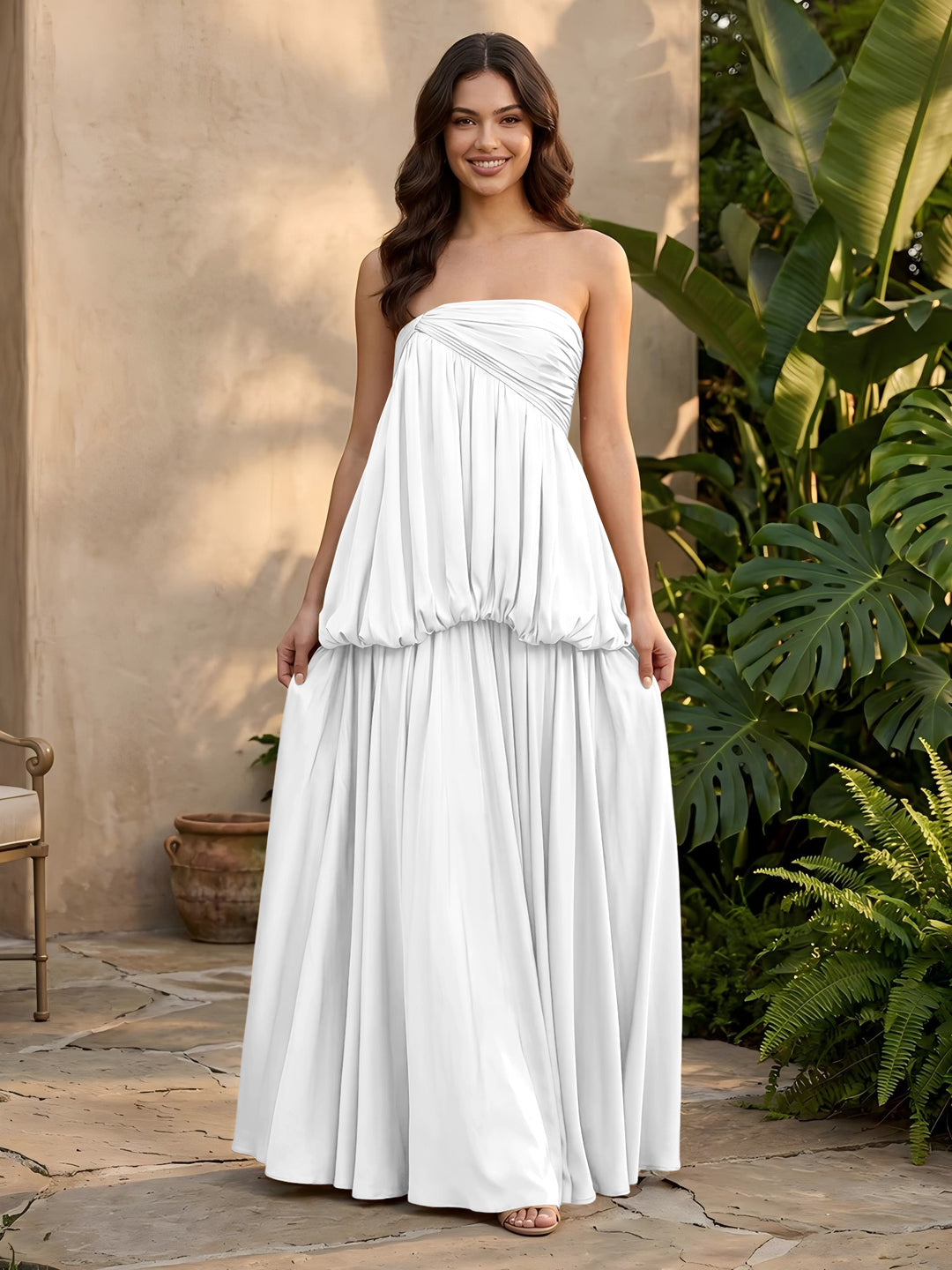 Stretch Mesh A Line Strapless Layered Pleats Formal Dresses
