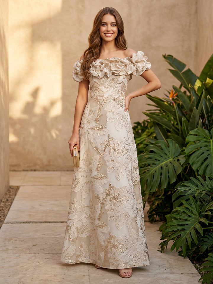 Jacquard A Line Off the Shoulder Corset Ruffles Evening Dresses