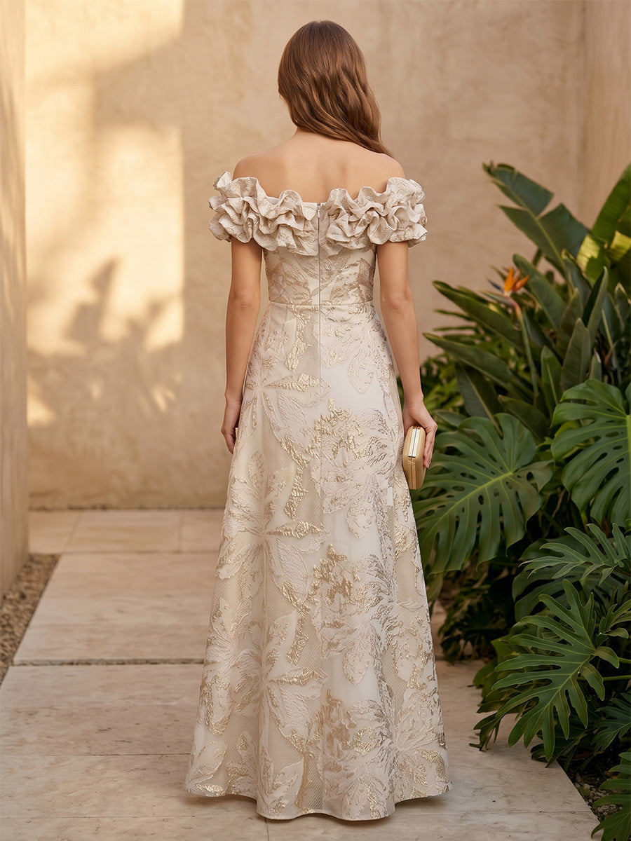 Jacquard A Line Off the Shoulder Corset Ruffles Evening Dresses