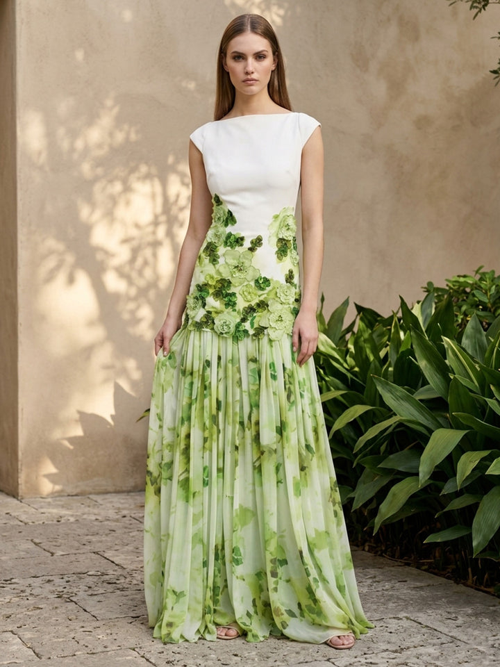 Chiffon A Line Scoop Neck Floral Print Pleats Formal Dresses with 3D Flowers