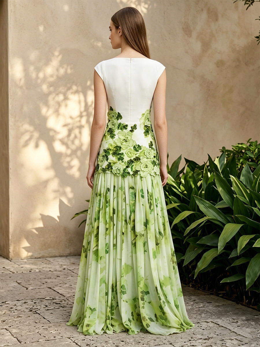 Chiffon A Line Scoop Neck Floral Print Pleats Formal Dresses with 3D Flowers