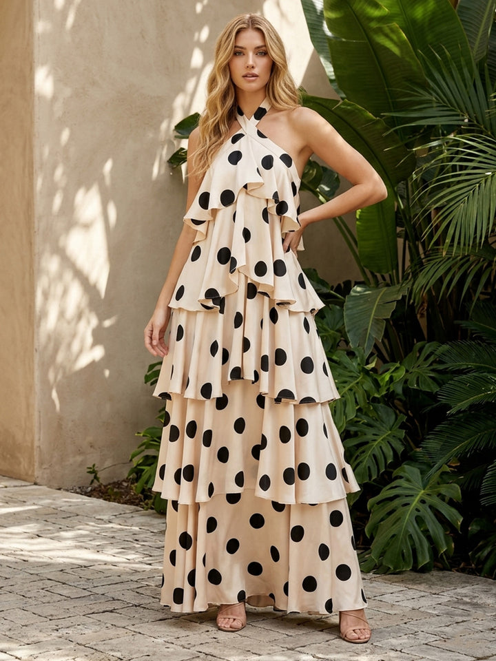 Stretch Mesh A Line Halter Layered Ruffles Formal Dresses with Polka Dots