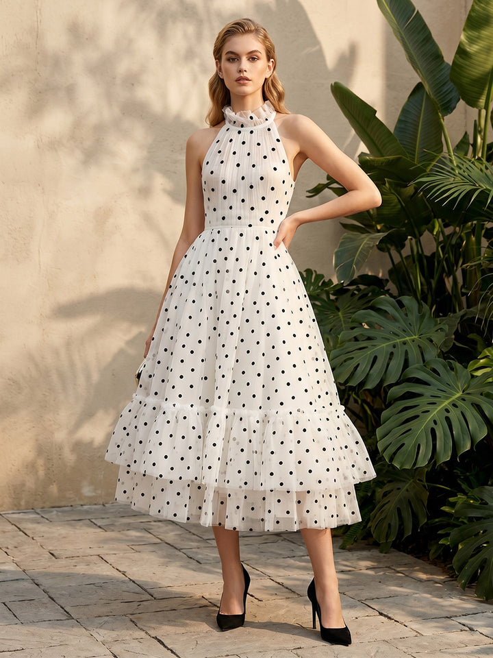 Tulle A Line High Neck Layered Ruched Formal Dresses