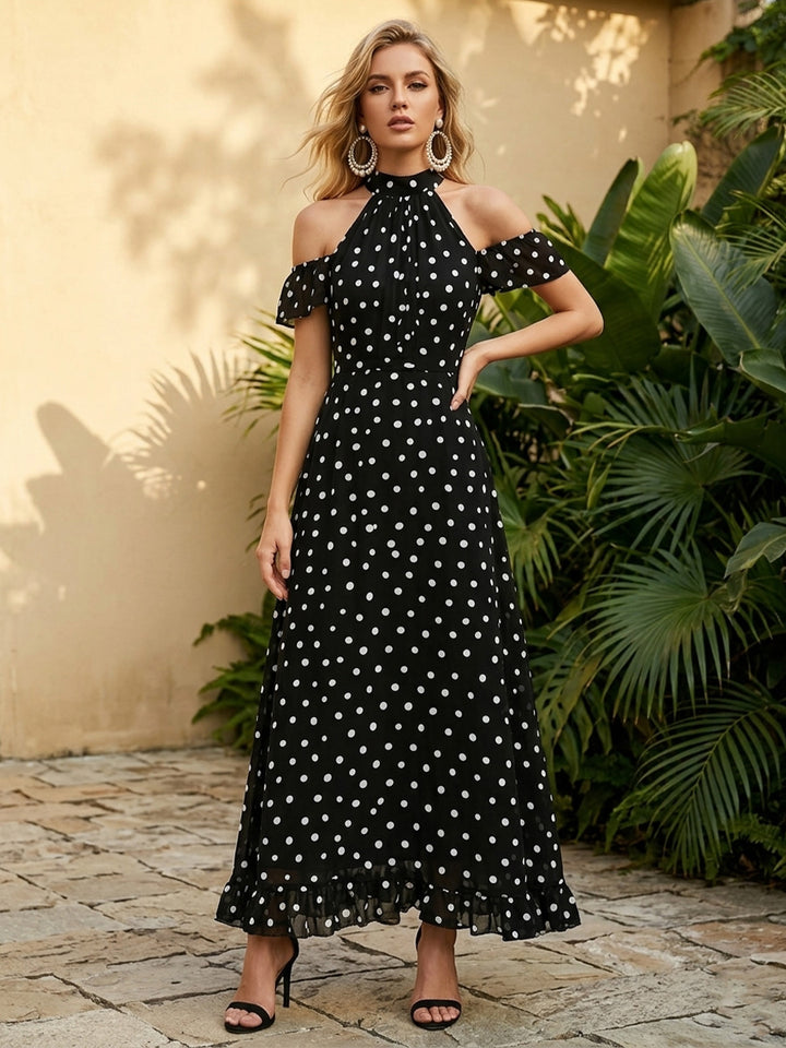 Chiffon A Line Halter Ruffles Off Shoulder Formal Dresses with Polka Dots