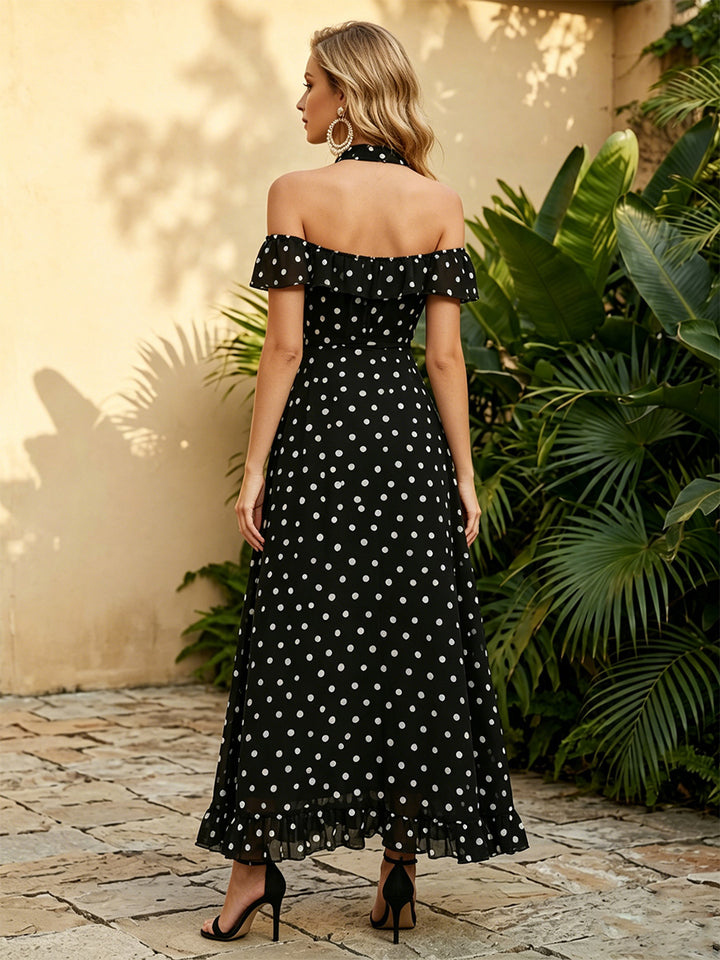 Chiffon A Line Halter Ruffles Off Shoulder Formal Dresses with Polka Dots