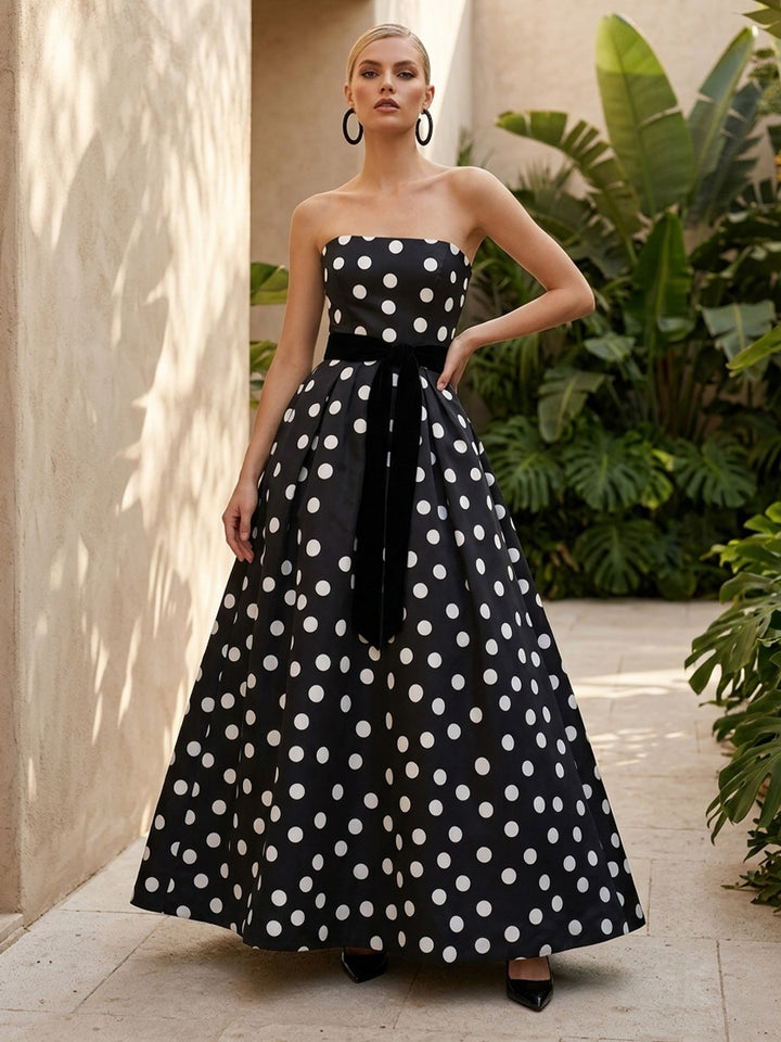 Satin A Line Strapless Ball Gown Floor Length Polka Dot Formal Dresses