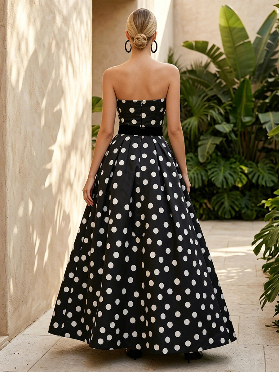 Satin A Line Strapless Ball Gown Floor Length Polka Dot Formal Dresses