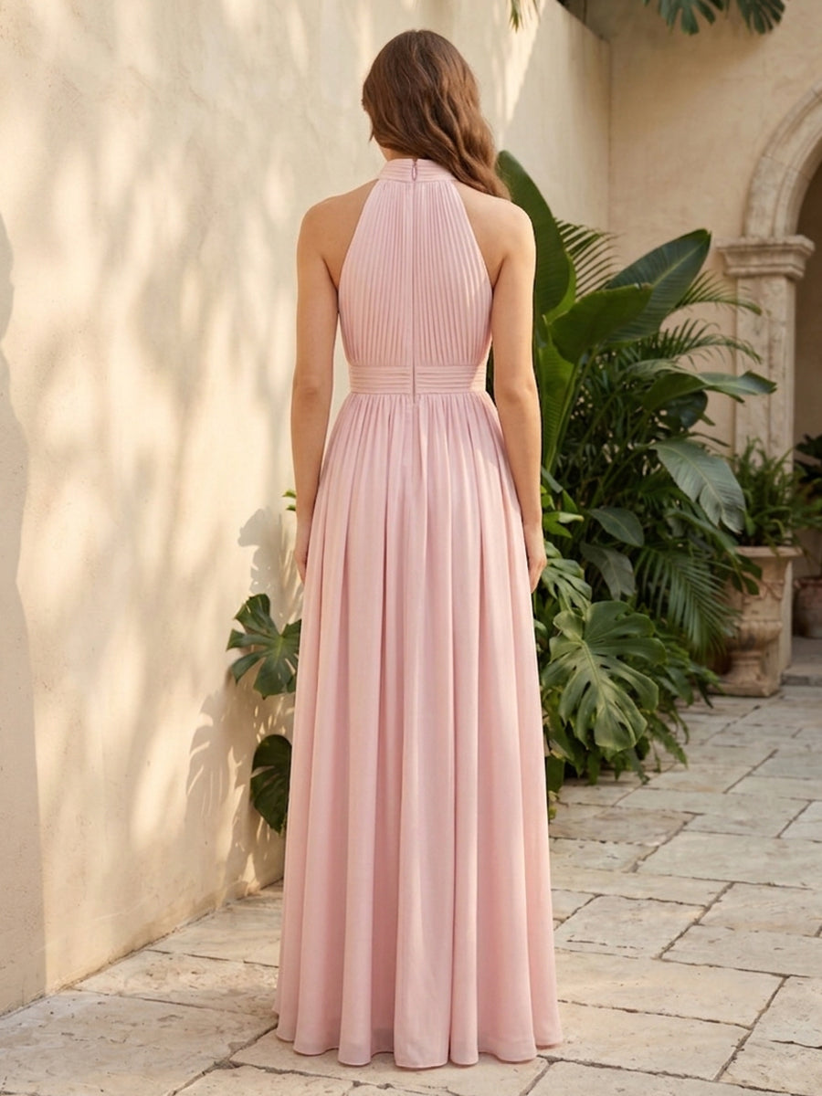 Satin A Line Halter 3D Flowers Pleats Formal Dresses with Slit