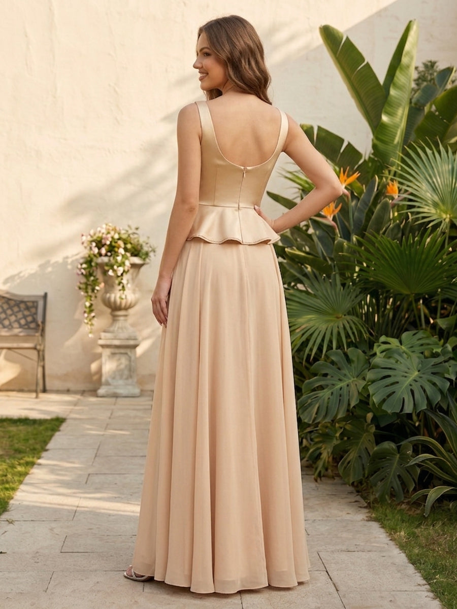 Chiffon A Line Square Neck Peplum Bodice Pleats Formal Dresses for Women