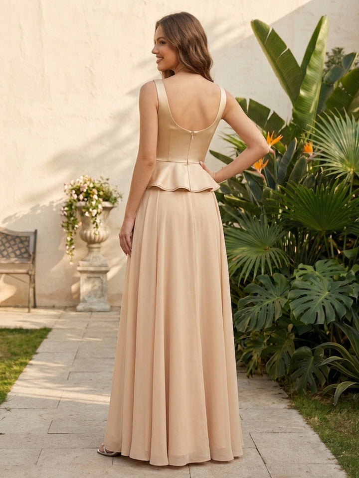 Chiffon A Line Square Neck Peplum Bodice Pleats Formal Dresses for Women