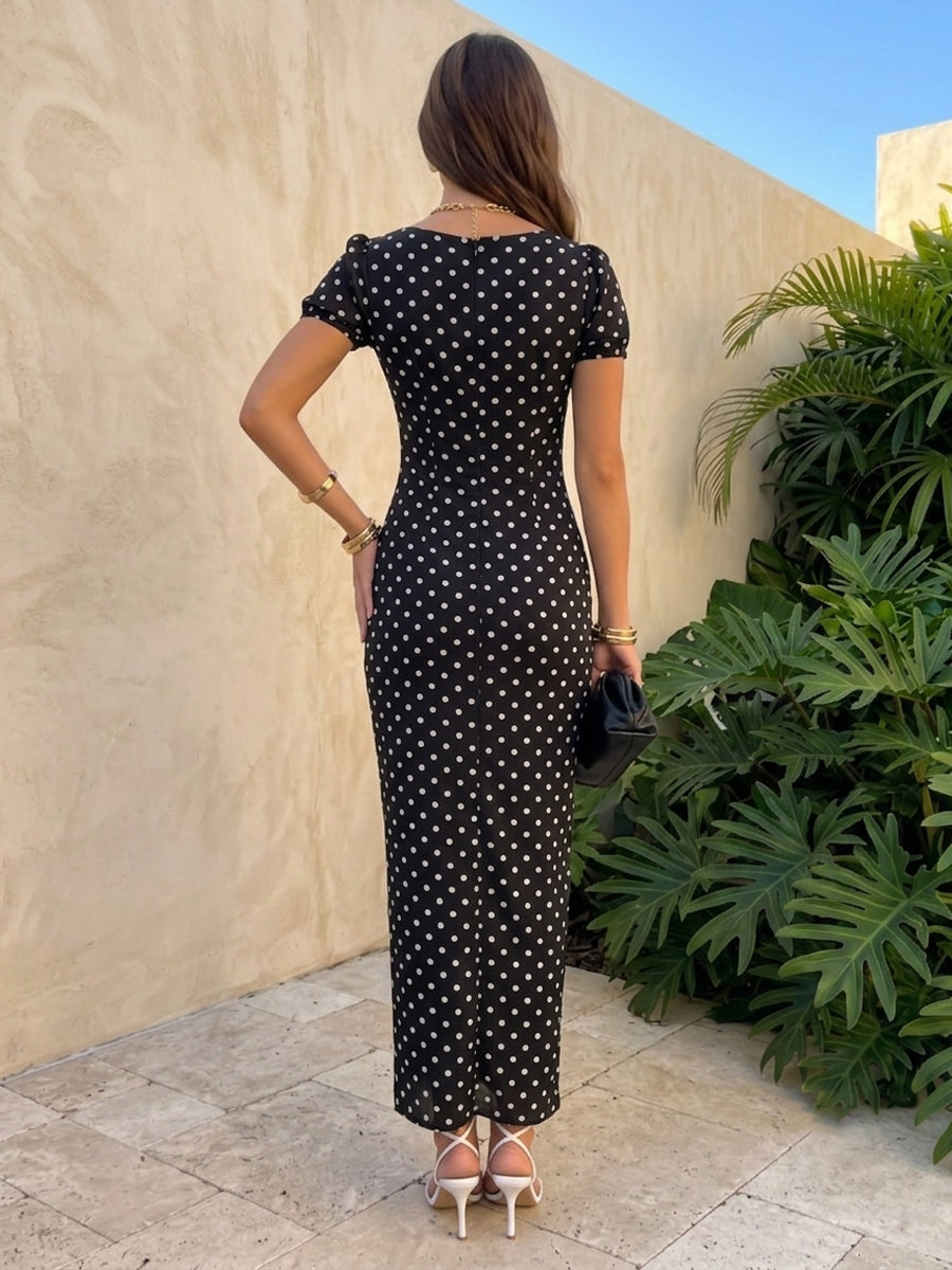 Chiffon Sheath V Neck Short Sleeves Polka Dot Formal Dresses
