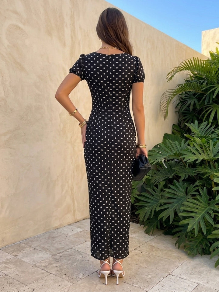 Chiffon Sheath V Neck Short Sleeves Polka Dot Formal Dresses