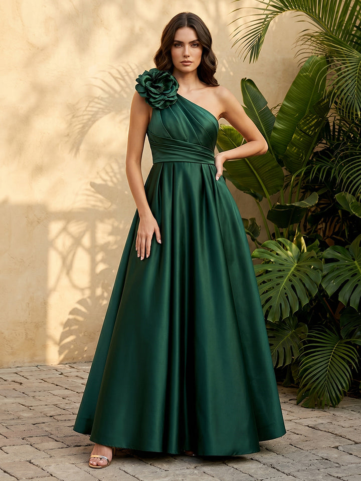 Satin A Line One Shoulder 3D Flowers Ruched Formal Dresses for Women