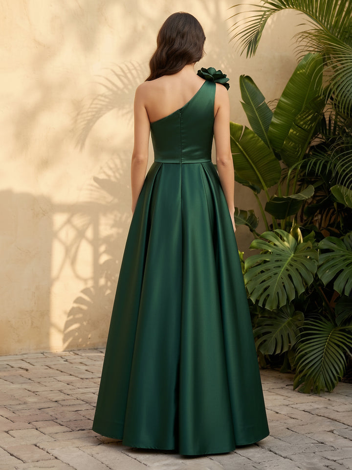 Satin A Line One Shoulder 3D Flowers Ruched Formal Dresses for Women