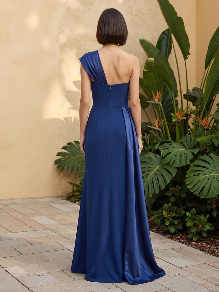 Satin Sheath One Shoulder Ruched Formal Dresses with Draped Sash