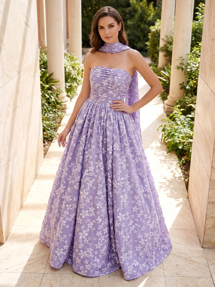 Jacquard A Line Strapless Pleats Corset Evening Dresses with Scarf
