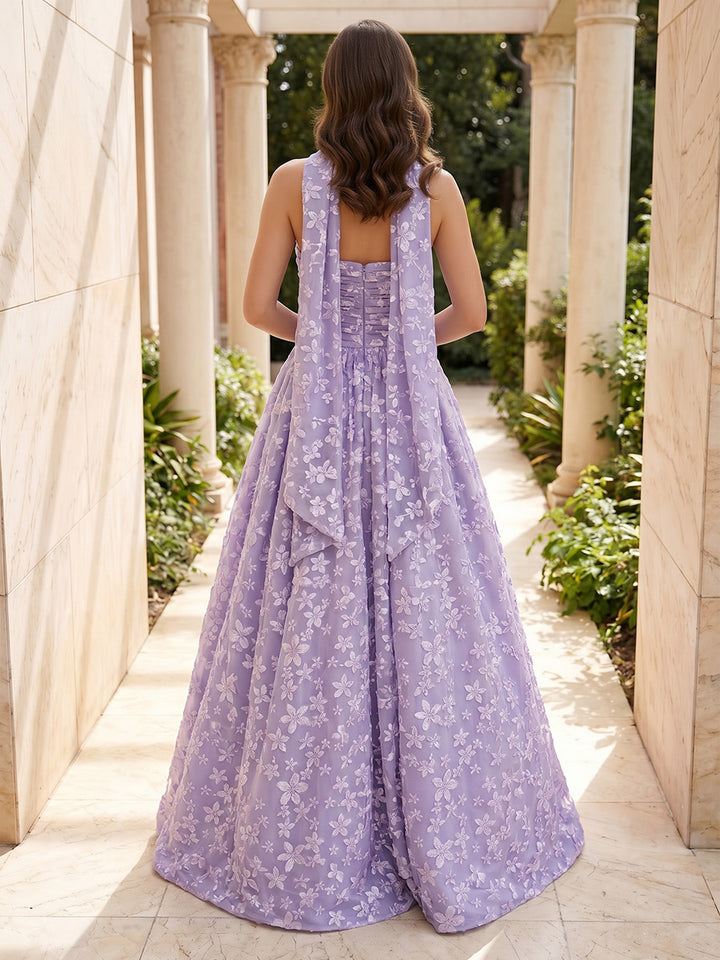 Jacquard A Line Strapless Pleats Corset Evening Dresses with Scarf