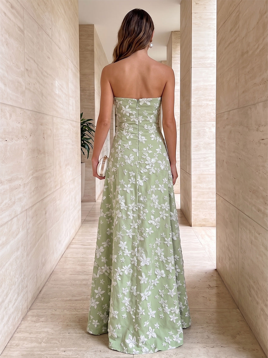 Jacquard A Line Strapless Ruffles Ruched Evening Dresses for Women