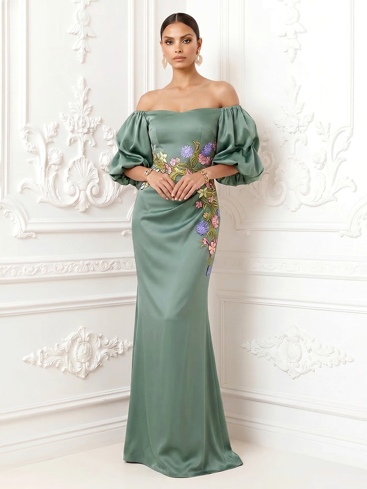 Satin Mermaid Off the Shoulder Floral Embroidery Ruched Formal Dresses