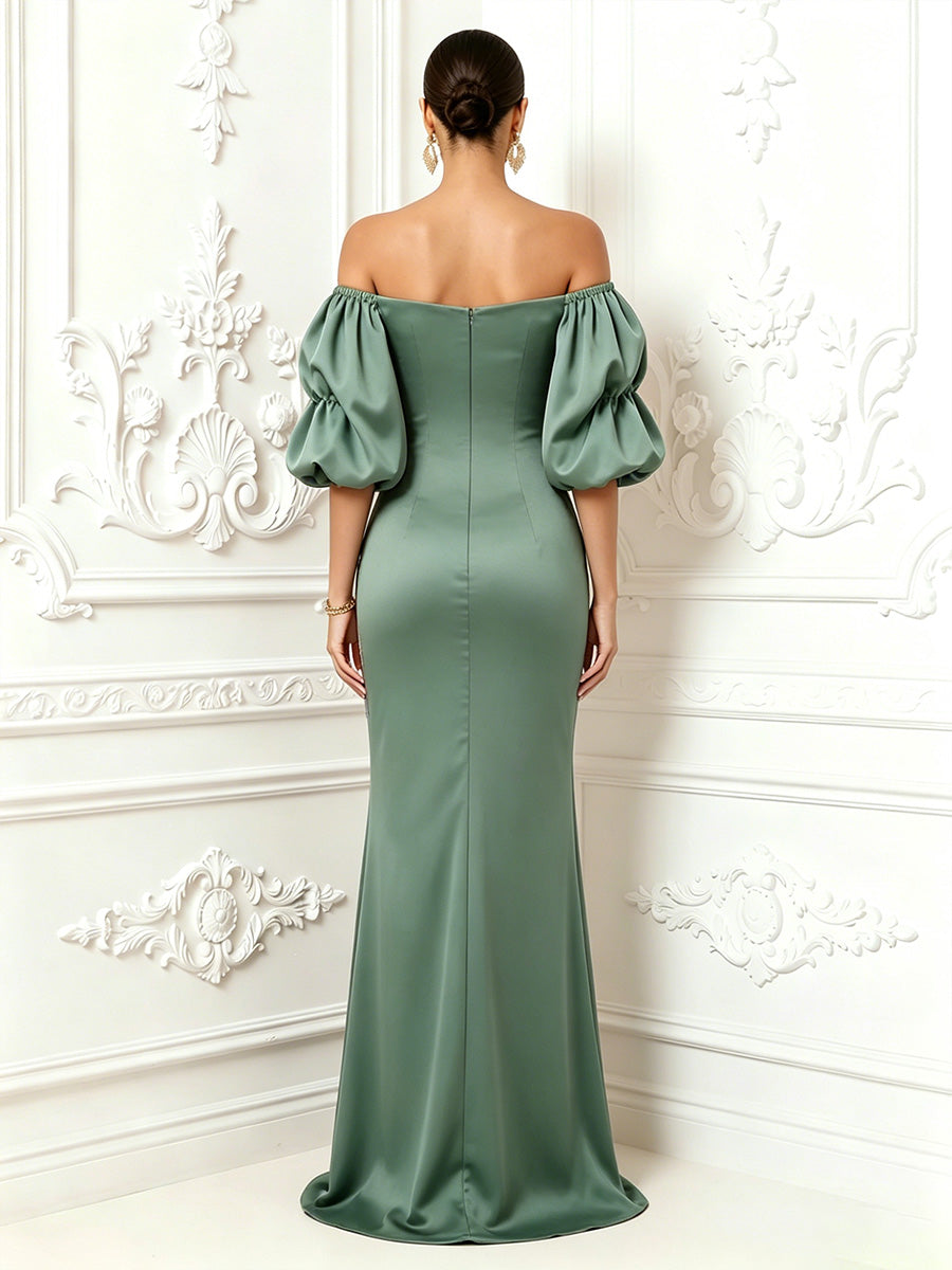 Satin Mermaid Off the Shoulder Floral Embroidery Ruched Formal Dresses