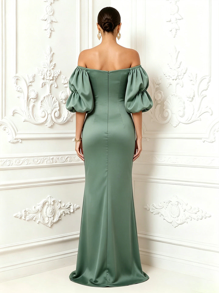 Satin Mermaid Off the Shoulder Floral Embroidery Ruched Formal Dresses
