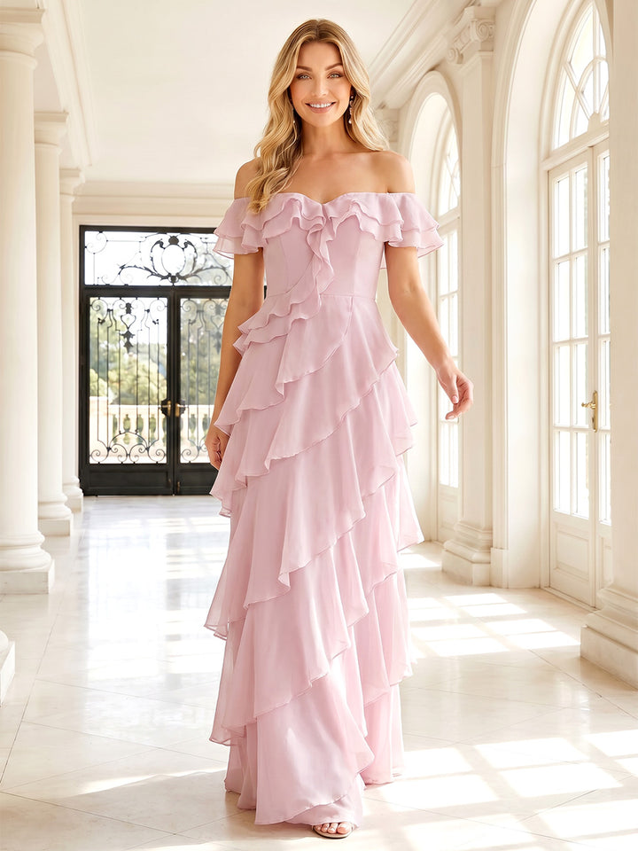 Chiffon A Line Off the Shoulder Ruffles Layered Formal Dresses
