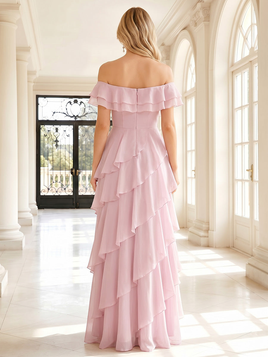 Chiffon A Line Off the Shoulder Ruffles Layered Formal Dresses