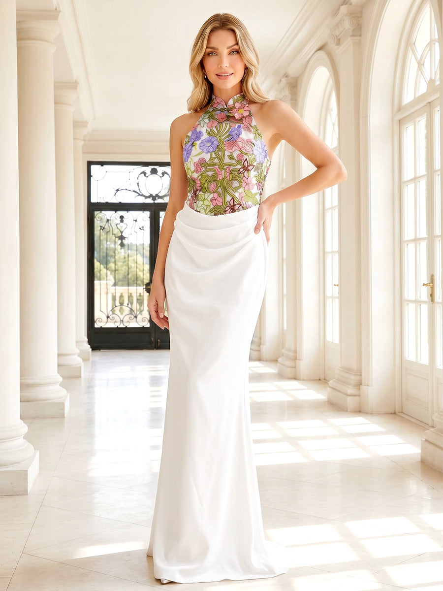 Satin Mermaid High Neck Ruched Floral Embroidery Formal Dresses for Women