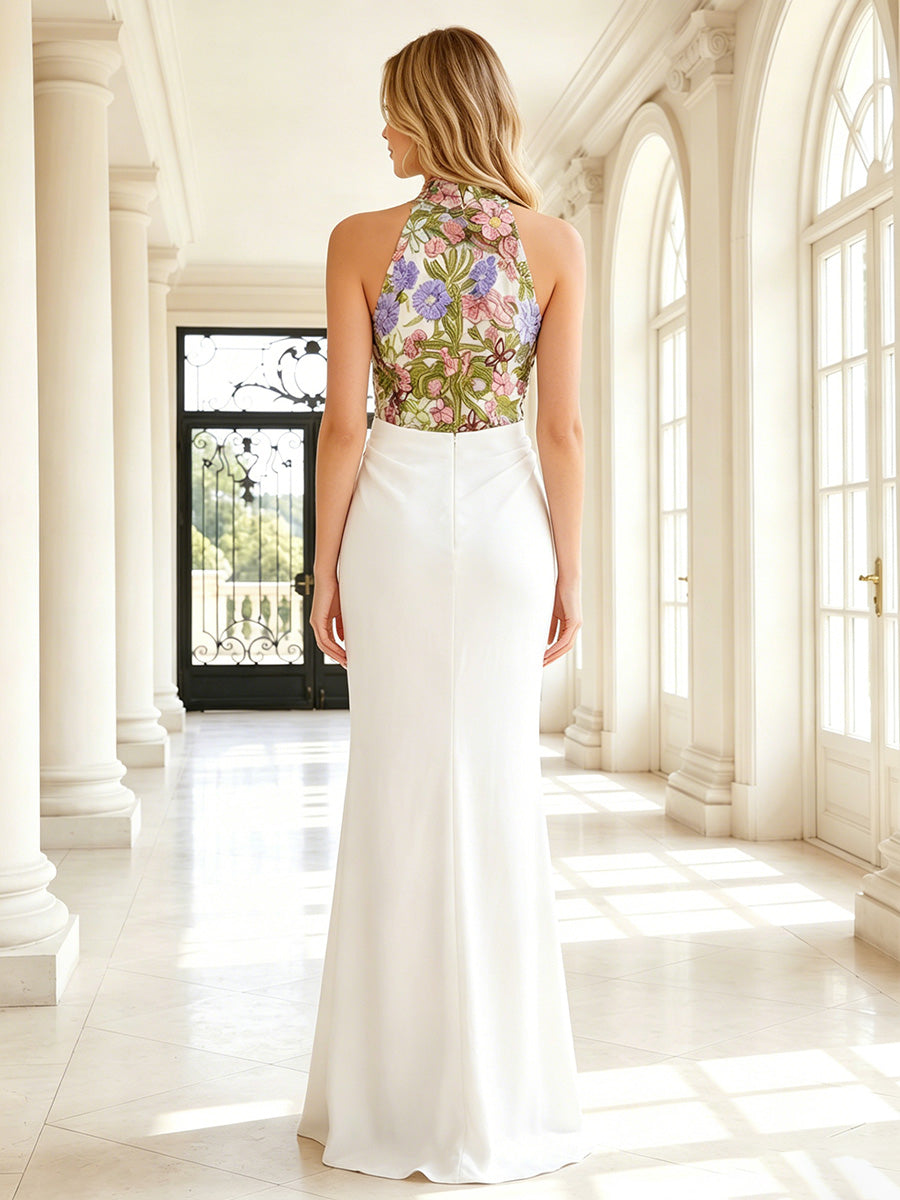 Satin Mermaid High Neck Ruched Floral Embroidery Formal Dresses for Women