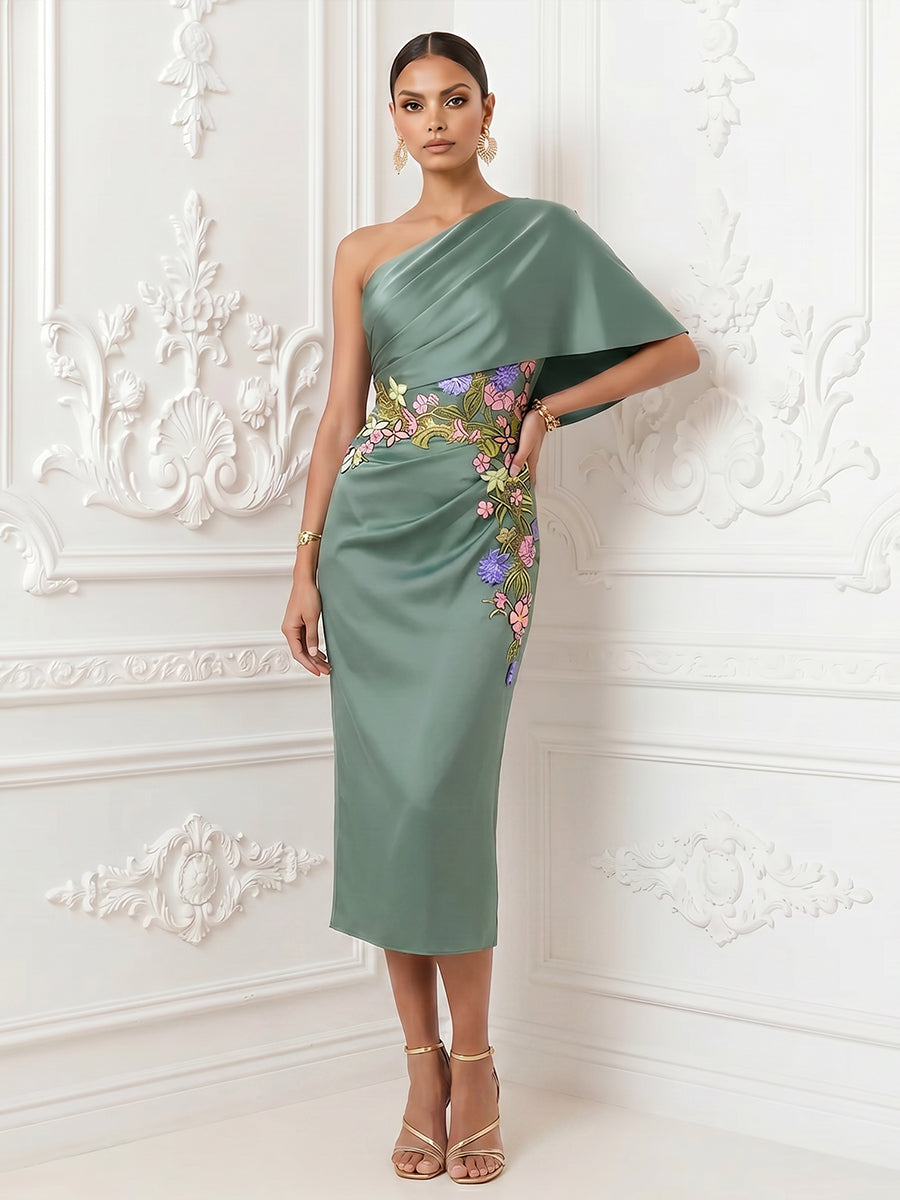 Satin Sheath One Shoulder Floral Embroidery Ruched Formal Dresses