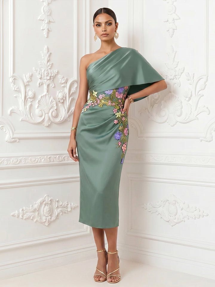Satin Sheath One Shoulder Floral Embroidery Ruched Formal Dresses