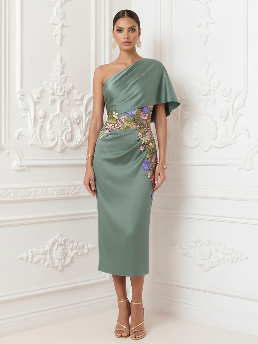 Satin Sheath One Shoulder Floral Embroidery Ruched Formal Dresses