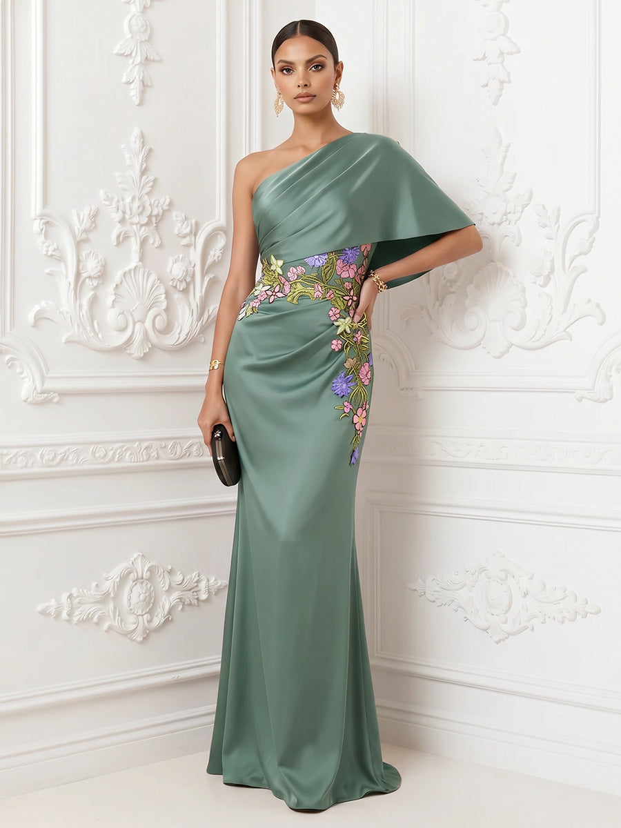 Satin Mermaid One Shoulder Ruched Floral Embroidery Formal Dresses for Women