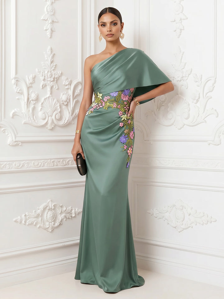 Satin Mermaid One Shoulder Ruched Floral Embroidery Formal Dresses for Women
