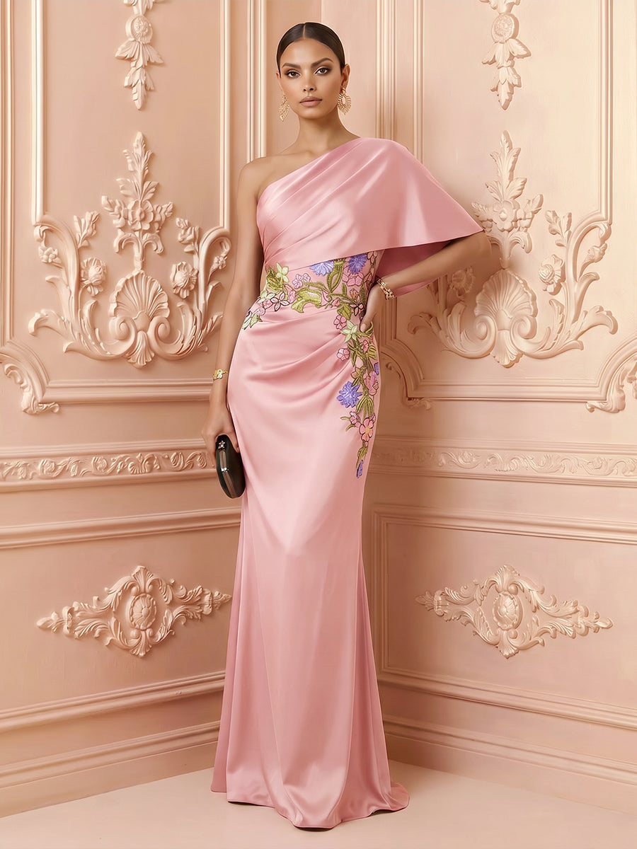 Satin Mermaid One Shoulder Ruched Floral Embroidery Formal Dresses for Women