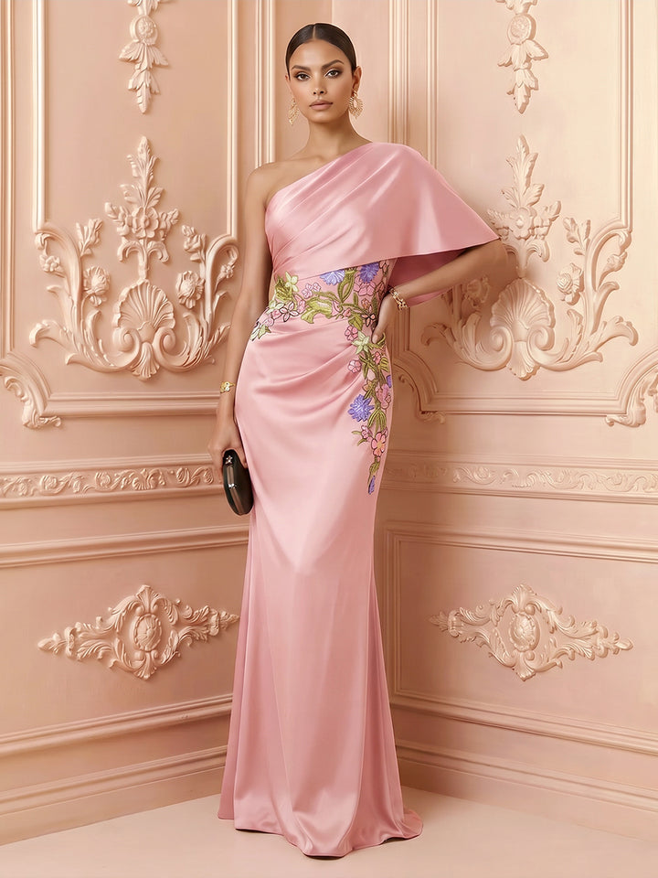 Satin Mermaid One Shoulder Ruched Floral Embroidery Formal Dresses for Women