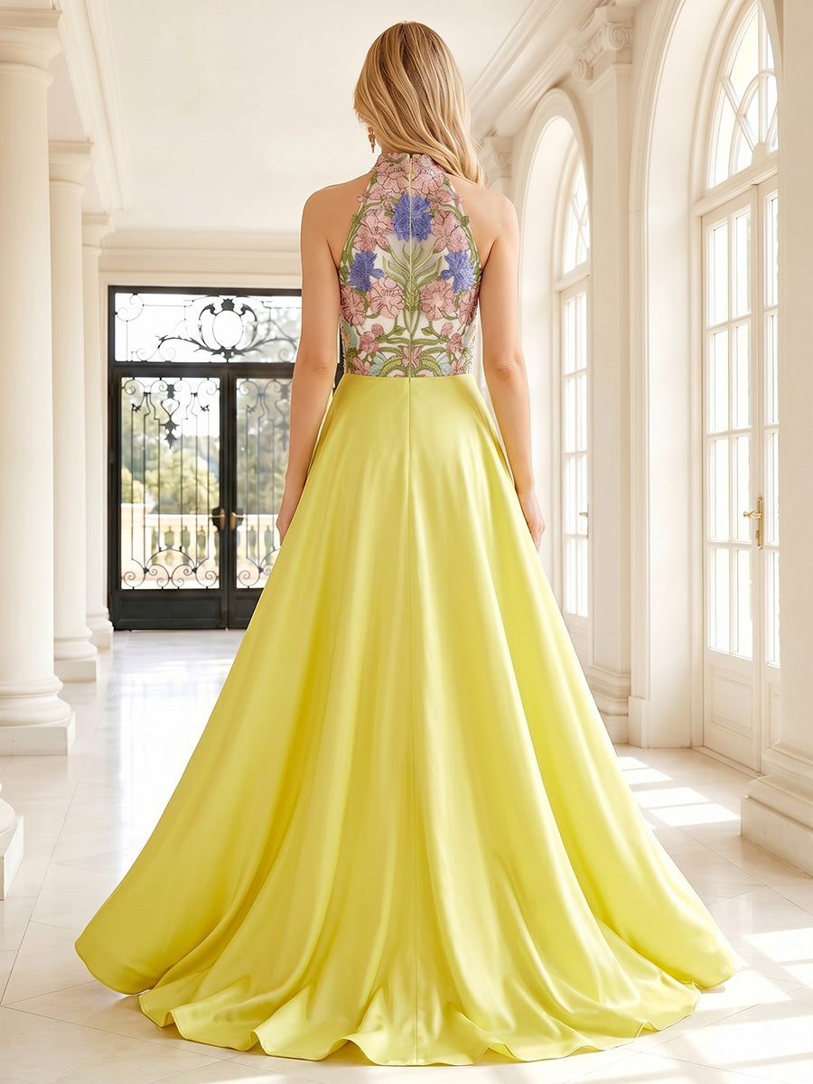 Satin A Line High Neck Floral Embroidery Formal Dresses with Sash