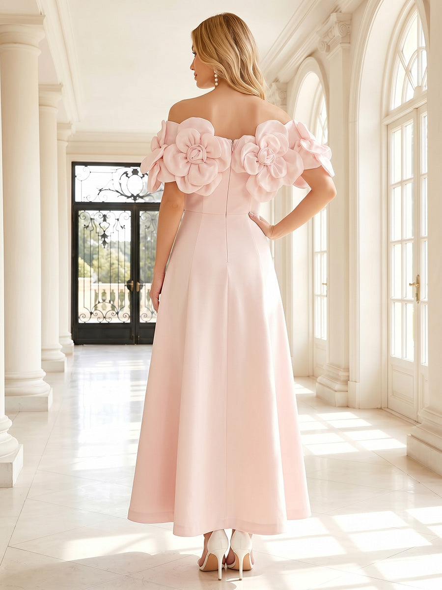 Satin A Line Off the Shoulder 3D Flowers Formal Dresses