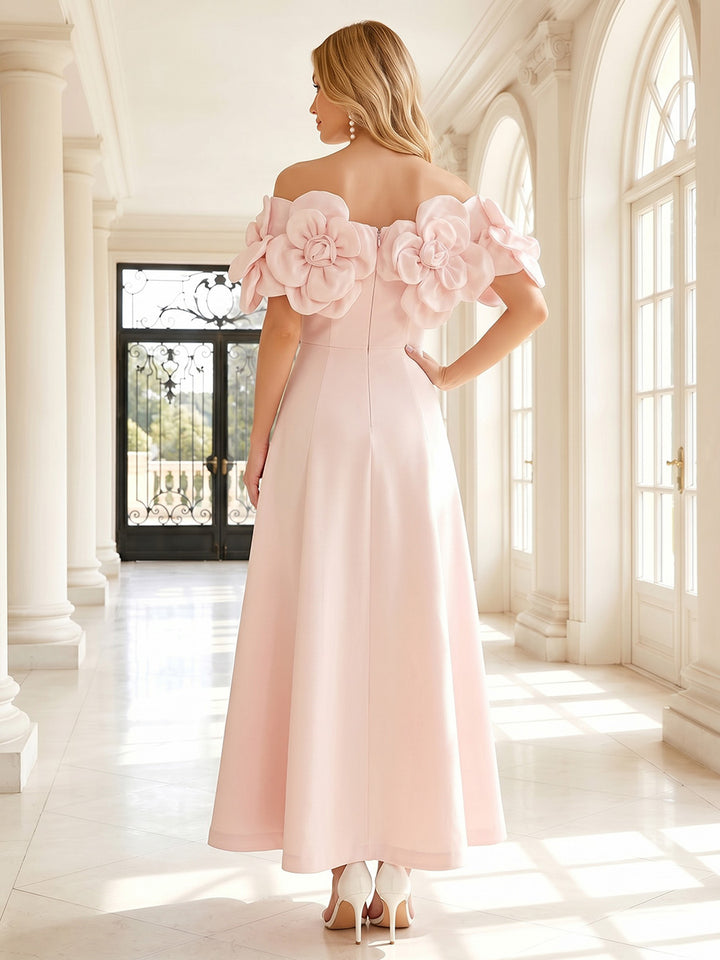 Satin A Line Off the Shoulder 3D Flowers Formal Dresses