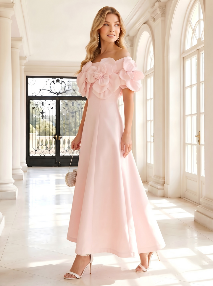 Satin A Line Off the Shoulder 3D Flowers Formal Dresses