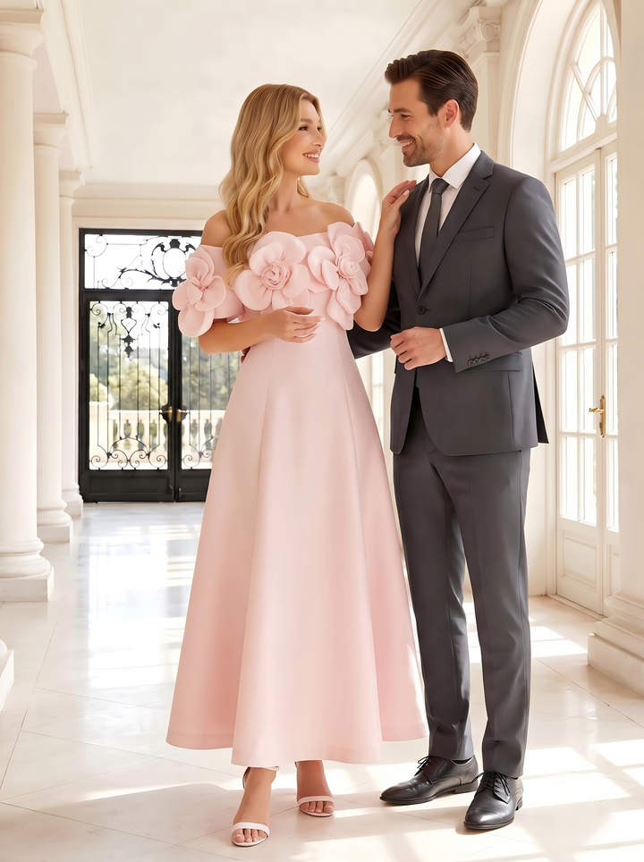 Satin A Line Off the Shoulder 3D Flowers Formal Dresses